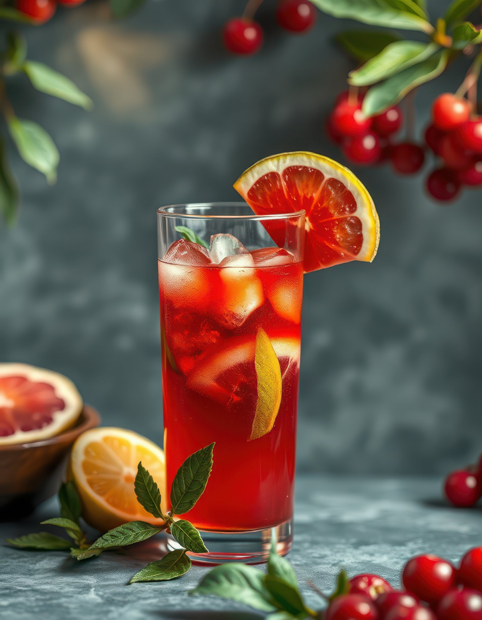 Refreshing glass of citrus-infused beverage garnished with cherries and lemon in a serene setting